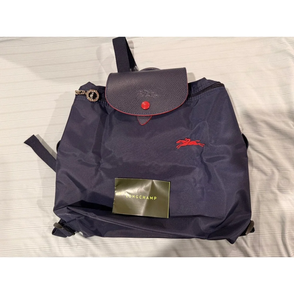 NWT Authentic Longchamp Le Pliage Navy Backpack Red Accents One of a Kind Color